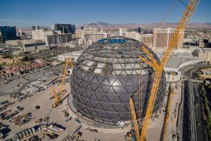 The MSG Sphere at the Venetian's exosphere is the largest spherical structure on Earth, was parametrically designed and optimized by Severud Associates, and features cast steel nodes by CAST CONNEX. Courtesy of Mike McNulty.