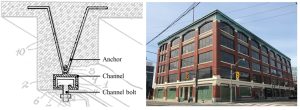 Figure 1. Anchor channels with channel bolts (1913 US Patent 1,155,243 by Anders Jordahl) used in early reinforced concrete structures and still in service today (right). Ford Assembly Plant in Toronto designed by Albert Kahn (left). Jordahl and Kahn were business partners.