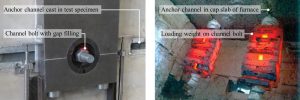 Figure 6. Dynamic test, loading anchor bolt and anchor channel cyclically to assess the fatigue performance (left; MPA Stuttgart), and furnace test where channel bolts installed in anchor channels are dead weight loaded and exposed to fire (right; National Center for Quality).