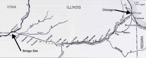 Map showing bridge site on left and route of Chicago & Rock Island Railroad.