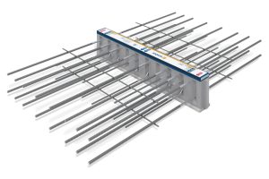 Figure 1. Concrete-to-concrete structural thermal break consists of tension (straight) and shear force (curved) bars penetrating the insulation block and tying to the interior and exterior slab reinforcement.