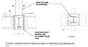 Extension of existing columns up at roof level to create a new “platform” level.