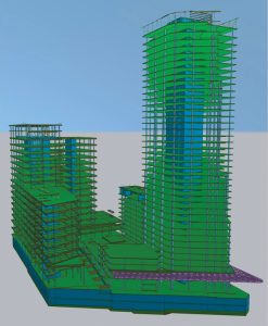 Concrete shear walls are shown in blue, and the street wind mitigation canopy is shown in purple.